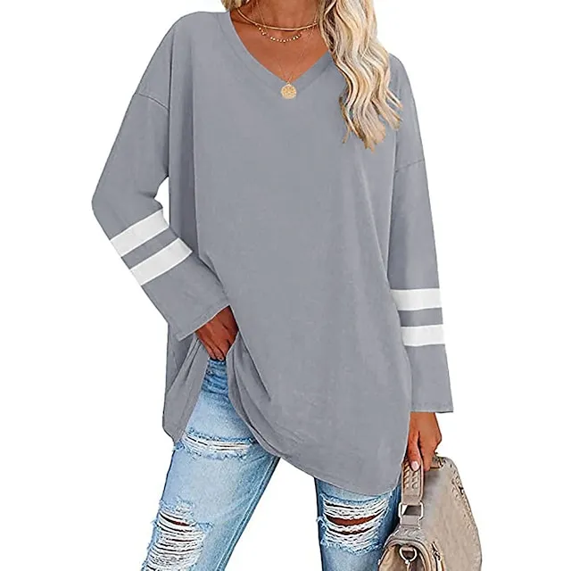 Women’s T shirt Tee Cotton Striped Casual Weekend Black White Yellow Long Sleeve Daily Basic V Neck Regular Fit Fall & Winter 503f4db44ec8728416f526ffa368e126