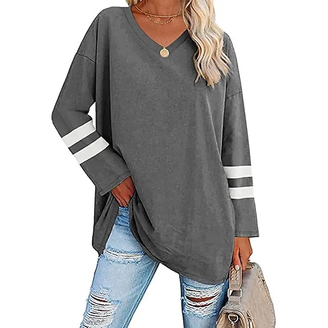 Women’s T shirt Tee Cotton Striped Casual Weekend Black White Yellow Long Sleeve Daily Basic V Neck Regular Fit Fall & Winter 744aba23ca7568401785556683979380