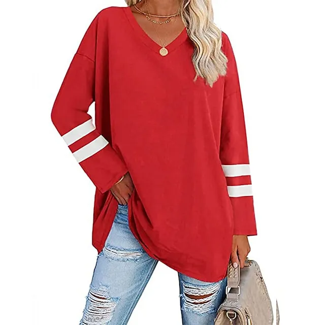 Women’s T shirt Tee Cotton Striped Casual Weekend Black White Yellow Long Sleeve Daily Basic V Neck Regular Fit Fall & Winter 7b8f5f7f13cfd84b5d4a1d92202ee76a