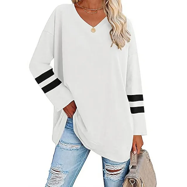 Women's T shirt Tee Cotton Striped Casual Weekend Black White Yellow Long Sleeve Daily Basic V Neck Regular Fit Fall & Winter