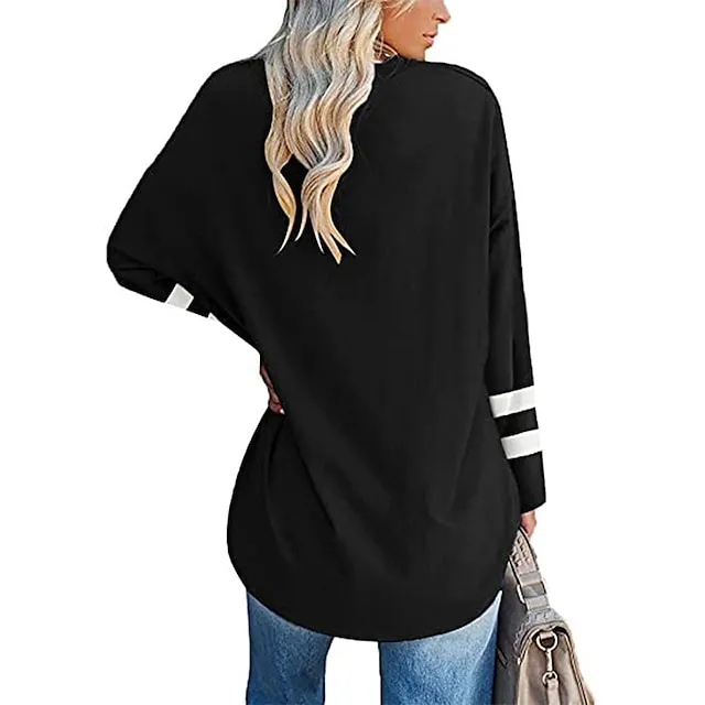 Women’s T shirt Tee Cotton Striped Casual Weekend Black White Yellow Long Sleeve Daily Basic V Neck Regular Fit Fall & Winter cf7920bb27ae13a6e1087a45fbaf226d