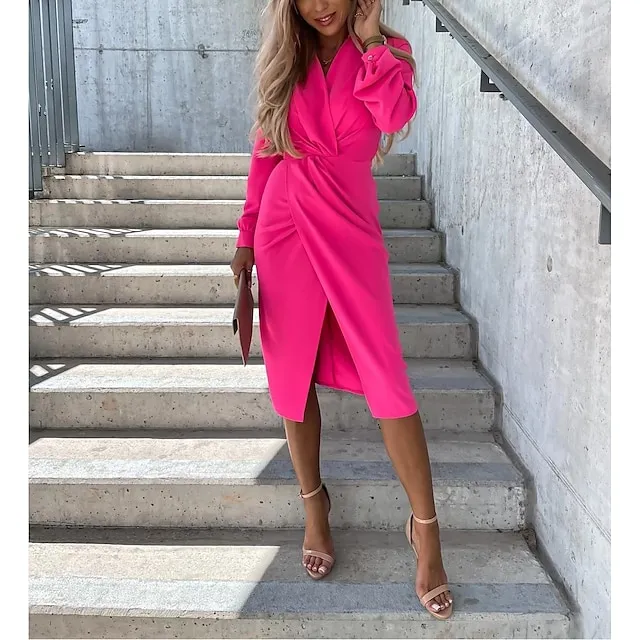 Women's Shirt Dress Party Dress Sheath Dress Midi Dress Black White Light Red Long Sleeve Pure Color Patchwork Fall Winter Shirt Collar Stylish Winter Dress Fall Dress S M L XL XXL