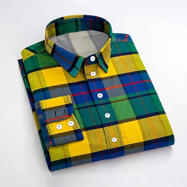Men's Dress Shirt Plaid Shirt Button Down Shirt Collared Shirt Yellow Red Blue Long Sleeve Plaid / Check Turndown Spring & Fall Wedding Street Clothing Apparel Button-Down