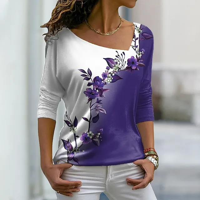 Women’s Plus Size T shirt Tee Floral Graphic Casual Weekend Pink Blue Purple Print Long Sleeve Daily V Neck Regular Fit Fall & Winter 763c51166548a27c73c22b1980f06610