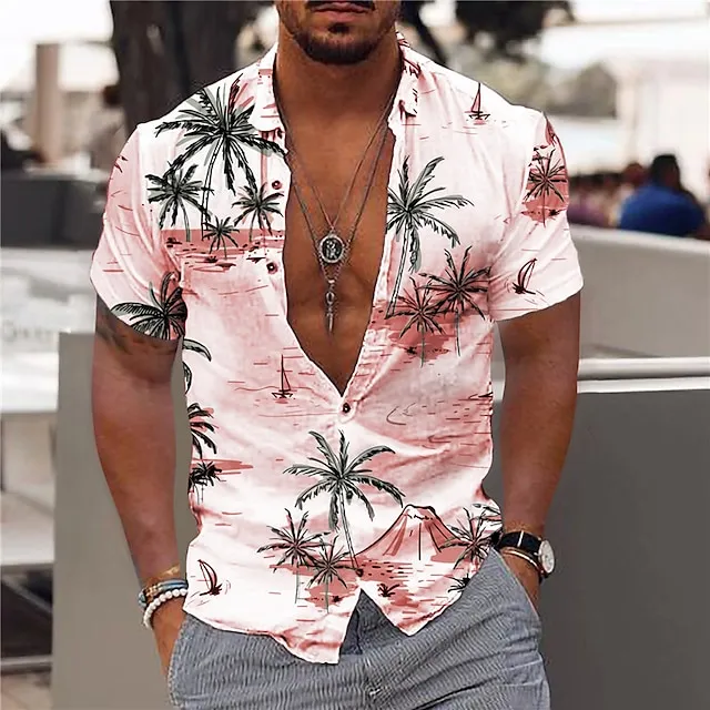 Men’s Shirt Summer Hawaiian Shirt Graphic Shirt Aloha Shirt Coconut Tree Aloha Turndown Light Pink White Yellow Navy Blue Sky Blue Print Outdoor Street Short Sleeve Button-Down Print Clothing Apparel 18d9619ab82bf3996e1dee396936843a