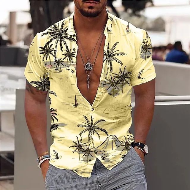Men’s Shirt Summer Hawaiian Shirt Graphic Shirt Aloha Shirt Coconut Tree Aloha Turndown Light Pink White Yellow Navy Blue Sky Blue Print Outdoor Street Short Sleeve Button-Down Print Clothing Apparel 74e5c7a1c1b2faf23acc55a656b6fc26
