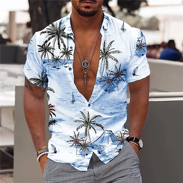 Men’s Shirt Summer Hawaiian Shirt Graphic Shirt Aloha Shirt Coconut Tree Aloha Turndown Light Pink White Yellow Navy Blue Sky Blue Print Outdoor Street Short Sleeve Button-Down Print Clothing Apparel 951f364126381718e52b577980293b08