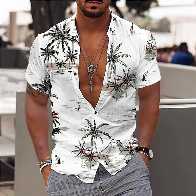 Men's Shirt Summer Hawaiian Shirt Graphic Shirt Aloha Shirt Coconut Tree Aloha Turndown Light Pink White Yellow Navy Blue Sky Blue Print Outdoor Street Short Sleeve Button-Down Print Clothing Apparel