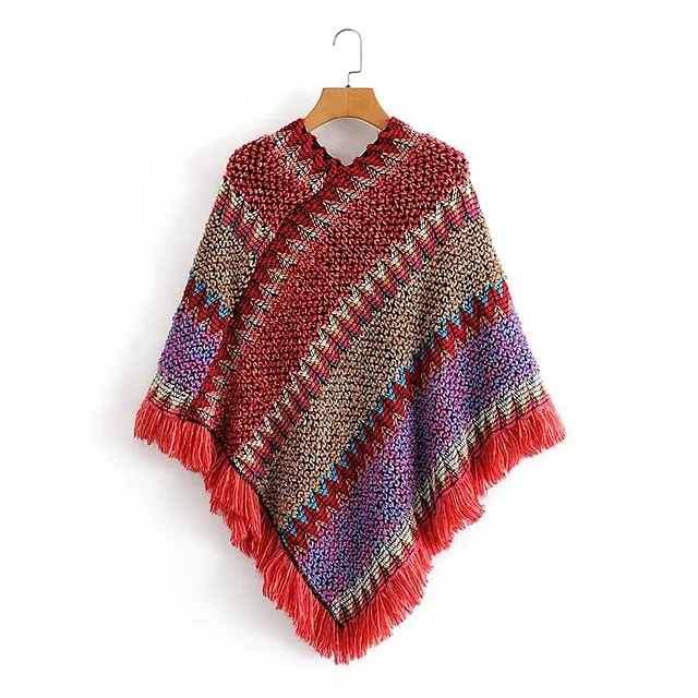Women's Poncho Sweater V Neck Crochet Knit Acrylic Knitted Fall Winter Tunic Outdoor Daily Holiday Stylish Casual Soft Long Sleeve Color Block Red Blue Dusty Blue One-Size