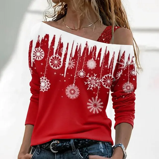 Women's T shirt Tee Snowflake Weekend Red Blue Green Print Long Sleeve Basic Christmas Off Shoulder Regular Fit Fall & Winter