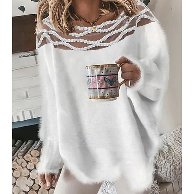 Women's Pullover Sweater Jumper Crew Neck Crochet Fuzzy Knit Imitation Mink Lace Trims Fall Winter Cropped Daily Going out Stylish Long Sleeve Solid Color White S M L