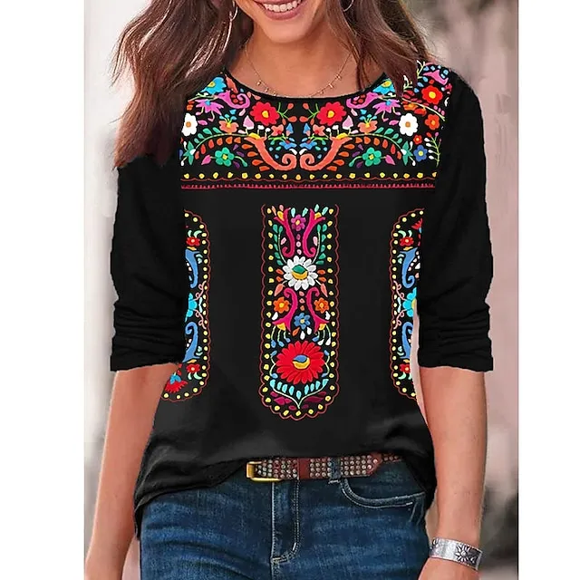 Women's T shirt Tee Floral Boho Ethnic Casual Festival claret Black Floral Long Sleeve Vintage Basic Boho Round Neck Spring & Fall Fall & Winter