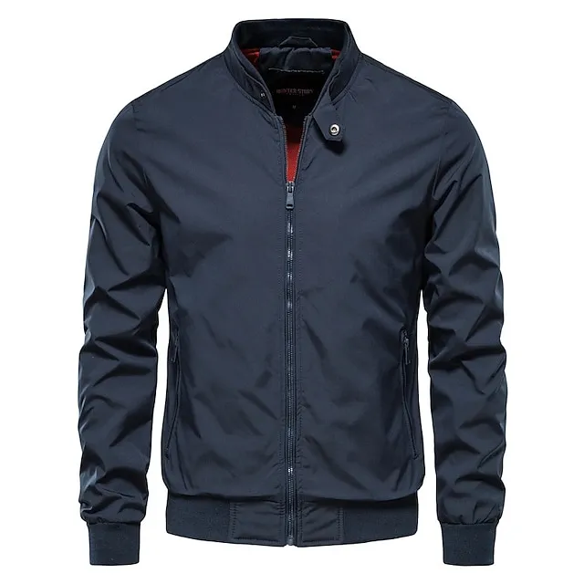 Men's Bomber Jacket Sport Coat Daily Wear Vacation Outdoor Casual / Daily Zipper Pocket Spring Fall Solid Color Warm Ups Comfort Standing Collar Black Dark Navy Green Jacket