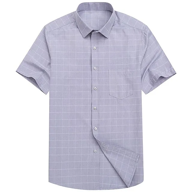Men’s Dress Shirt Blue Light Blue Gray Short Sleeve Plaid / Striped / Chevron / Round Turndown Summer Spring Wedding Clothing Apparel 8df4a4d4aaba1d30c4f094ea19d8f5fd