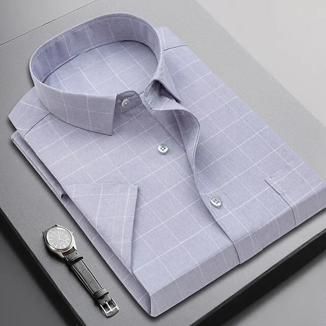 Men’s Dress Shirt Blue Light Blue Gray Short Sleeve Plaid / Striped / Chevron / Round Turndown Summer Spring Wedding Clothing Apparel d8a82b5cd584c41b0be531b8fb4d5e78