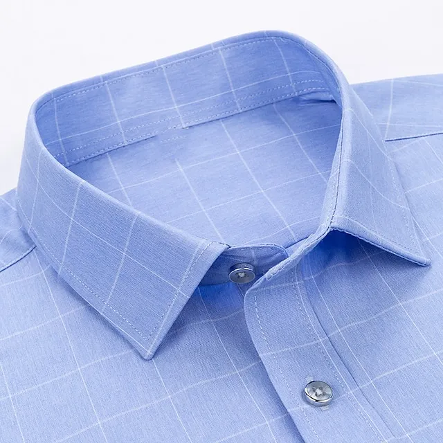 Men’s Dress Shirt Blue Light Blue Gray Short Sleeve Plaid / Striped / Chevron / Round Turndown Summer Spring Wedding Clothing Apparel da997b14ee93524c42bb1241c9c0563d