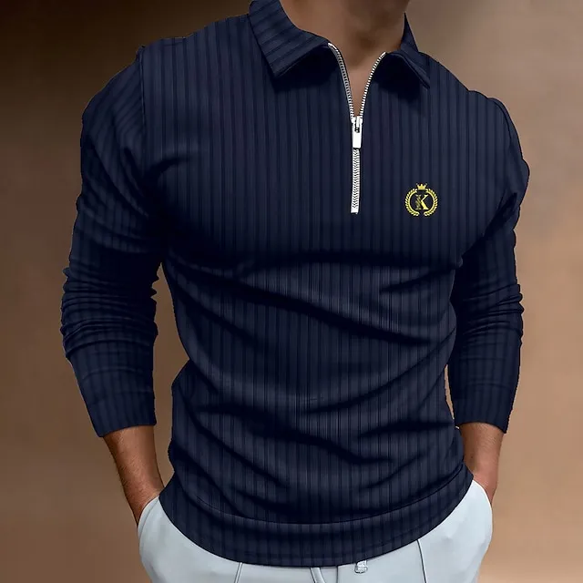 Men's Zip Polo Polo Shirt Outdoor Going out Turndown Quarter Zip Long Sleeve Sportswear Casual Solid Color Striped Patchwork Zipper Spring & Fall Slim Black White Yellow Wine Red Navy Blue Zip Polo