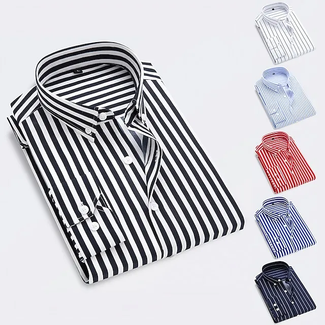 Men's Dress Shirt Button Up Shirt Collared Shirt Black White Red Long Sleeve Striped Collar Wedding Work Clothing Apparel
