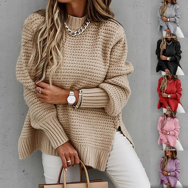 Women's Pullover Sweater Jumper Split Knitted Solid Color Stylish Basic Casual Long Sleeve Sweater Cardigans Round Neck Fall Winter Black Gray Red / Chunky / Going out / Loose
