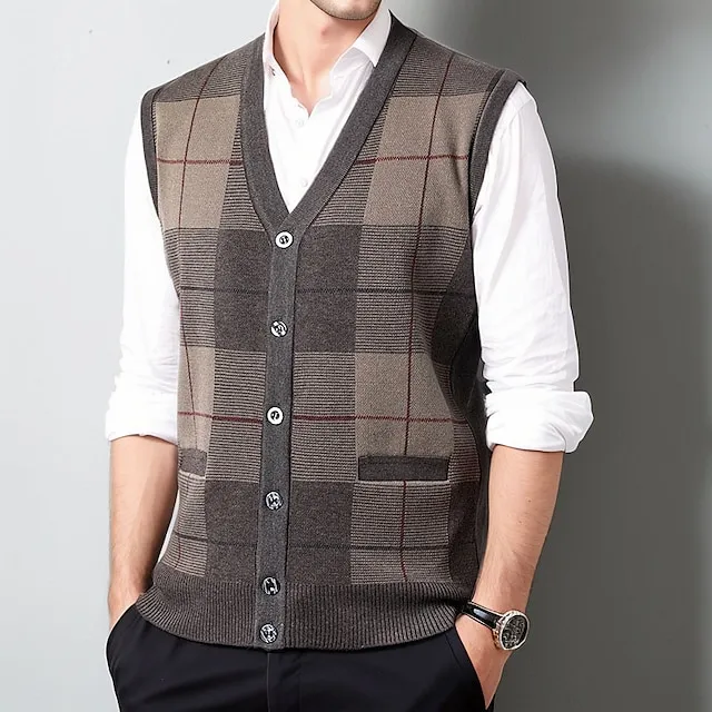 Men's Sweater Vest Ribbed Knit Pocket Knitted Color Block V Neck Modern Contemporary British Daily Wear Going out Clothing Apparel Sleeveless Spring & Fall Green Burgundy M L XL