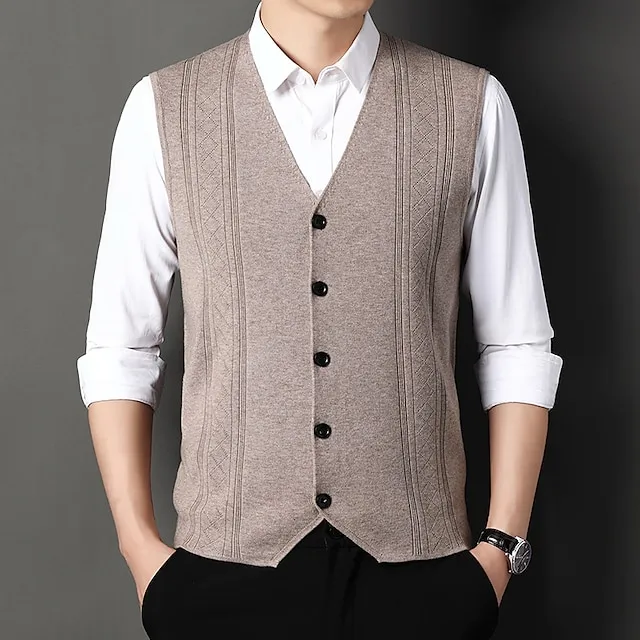 Men's Sweater Vest Wool Sweater Ribbed Knit Knitted Stripes V Neck Modern Contemporary Korean Daily Wear Going out Clothing Apparel Sleeveless Spring & Fall Black Camel M L XL