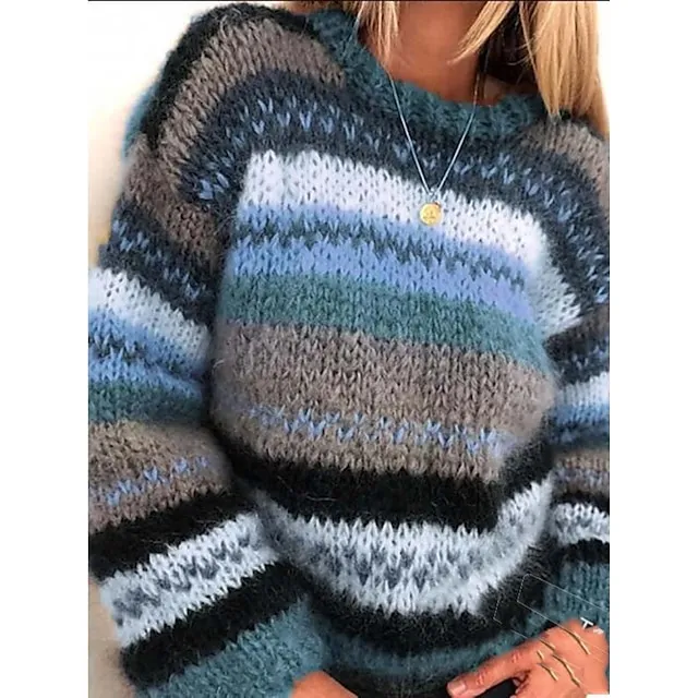Women’s Pullover Sweater Jumper Crew Neck Ribbed Knit Acrylic Knitted Fall Winter Outdoor Daily Holiday Stylish Casual Soft Long Sleeve Striped Pure Color Blue Purple Orange S M L 82446b3613f0e8d15de9d4dc7f8db03c