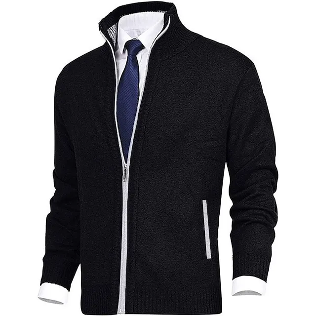 Men’s Sweater Cardigan Sweater Zip Sweater Ribbed Knit Zipper Pocket Solid Color Stand Collar Warm Ups Modern Contemporary Daily Wear Going out Clothing Apparel Winter Fall Black Dark Navy S M L 96f9e67726d73d374e38b5c491d2a642