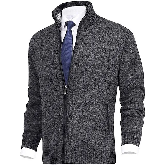 Men’s Sweater Cardigan Sweater Zip Sweater Ribbed Knit Zipper Pocket Solid Color Stand Collar Warm Ups Modern Contemporary Daily Wear Going out Clothing Apparel Winter Fall Black Dark Navy S M L f5c6bf2eef98f89907e217171e9c71d9