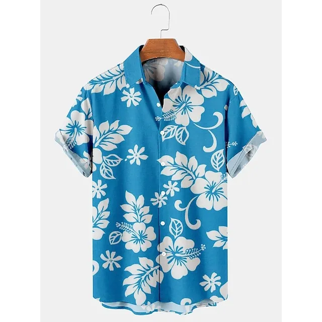 Men's Shirt Floral Graphic Prints Turndown Red Blue Purple Green 3D Print Street Casual Short Sleeves Print Button-Down Clothing Apparel Tropical Fashion Hawaiian Designer