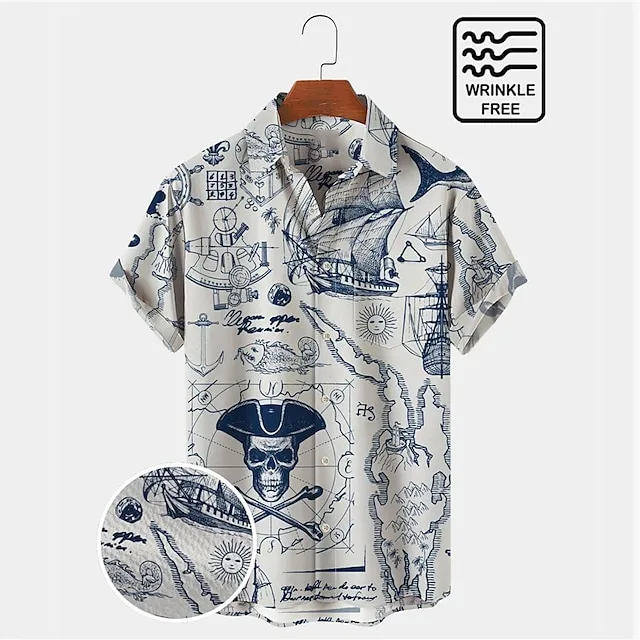 Men's 50s Vintage Hawaiian Shirts Nautical Map Pirate Ship Skull Seersucker Wrinkle Free Easy Care Aloha Shirts