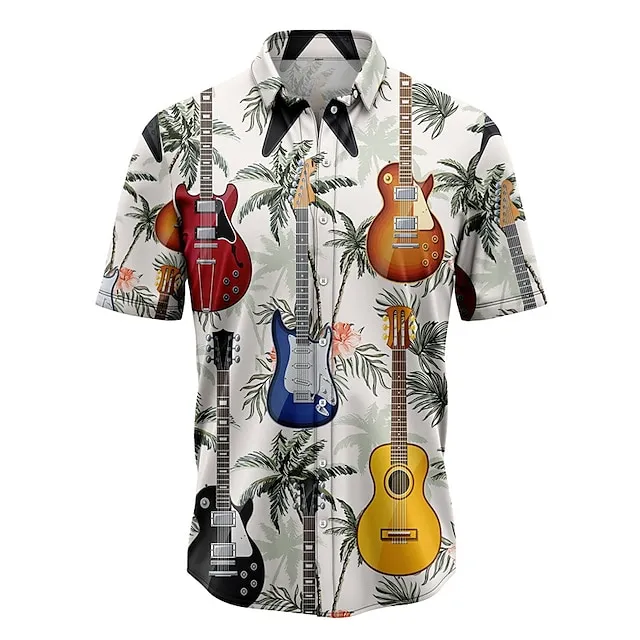 Men's Shirt Summer Hawaiian Shirt Coconut Tree Graphic Prints Guitar Turndown Gray Street Casual Short Sleeves Button-Down Print Clothing Apparel Tropical Fashion Hawaiian Designer