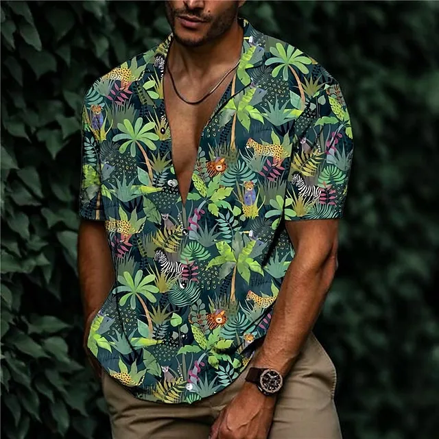 Men's Shirt Summer Hawaiian Shirt Graphic Prints Leaves Turndown Purple Green Casual Holiday Short Sleeve Button-Down Print Clothing Apparel Tropical Fashion Hawaiian Soft