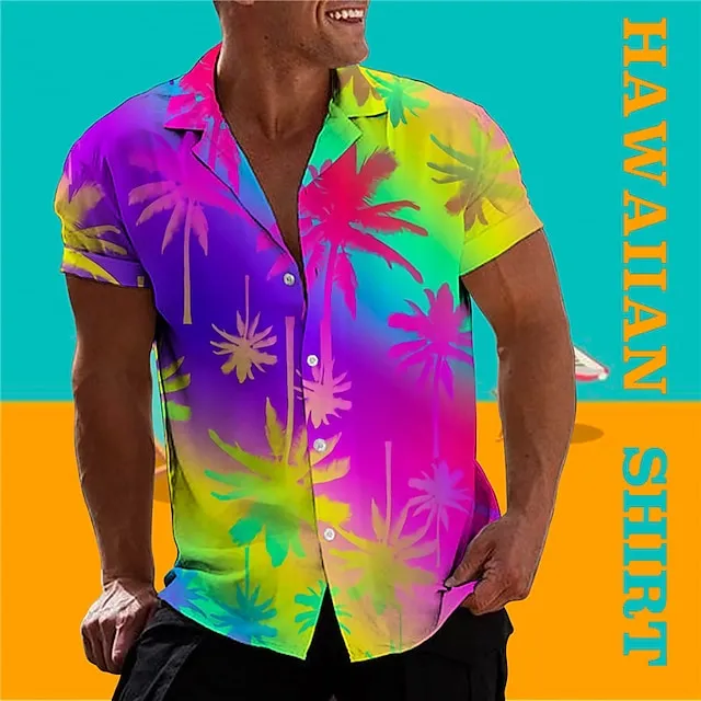 Men's Shirt Summer Hawaiian Shirt Gradient Coconut Tree Graphic Prints Turndown Black Blue Purple Green Rainbow Casual Hawaiian Short Sleeve Button-Down Print Clothing Apparel Tropical Fashion