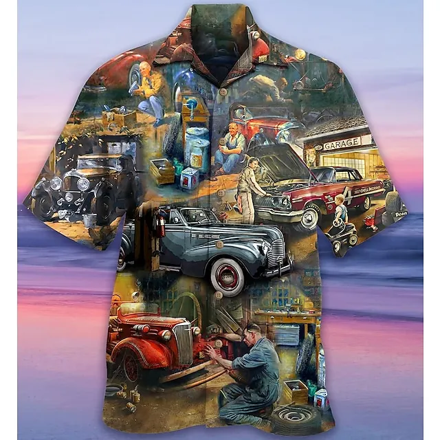 Men's Shirt Summer Hawaiian Shirt Car Graphic Prints Vintage Turndown White Yellow Light Green Black / Brown Army Green Casual Hawaiian Short Sleeve Print Button-Down Clothing Apparel Tropical