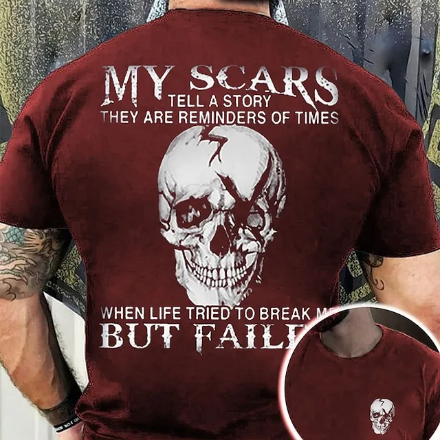 Skull Mens 3D Shirt For My Scars Tell Story They Are Reminders Of Times | Green Summer Cotton | Graphic Prints Black Wine Navy Blue Tee Casual Style Men'S Blend Basic Modern Contemporary Short