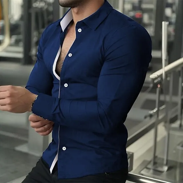 Men's Dress Shirt Black White Navy Blue Long Sleeve Plain Turndown Spring & Fall Wedding Office & Career Clothing Apparel