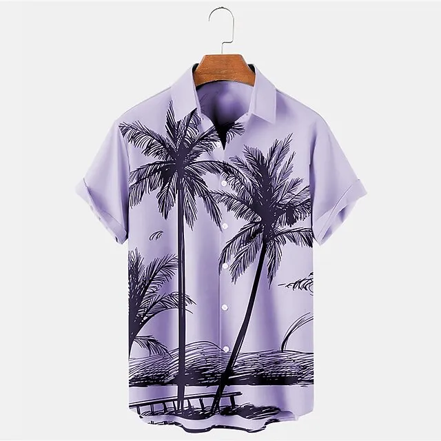 Men’s Shirt Summer Hawaiian Shirt Coconut Tree Graphic Prints Turndown Blue Purple Brown Gray Outdoor Street Short Sleeves Button-Down Print Clothing Apparel Tropical Fashion Hawaiian Designer adac9f7f5b366e1961cf380e02b88423