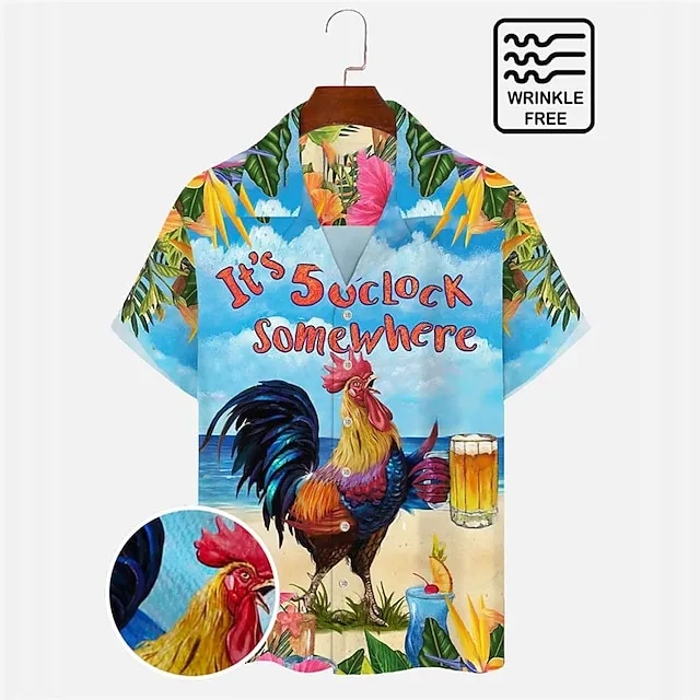 Men’s Shirt Summer Hawaiian Shirt It’s 5 o’clock Somewhere Shirt Letter Graphic Prints Chicken Beach Turndown Blue Casual Hawaiian Short Sleeve Button-Down Print Clothing Apparel Tropical Fashion 14a8c9cb3c6230e6160fd77b293f8416