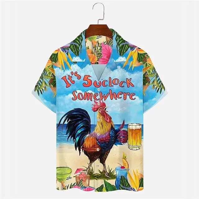 Men's Shirt Summer Hawaiian Shirt It's 5 o'clock Somewhere Shirt Letter Graphic Prints Chicken Beach Turndown Blue Casual Hawaiian Short Sleeve Button-Down Print Clothing Apparel Tropical Fashion