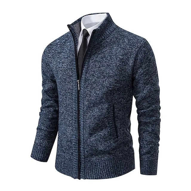 Men’s Cardigan Sweater Zip Sweater Ribbed Knit Cropped Knitted Plain Standing Collar Warm Ups Modern Contemporary Daily Wear Going out Clothing Apparel Spring & Fall Black Blue S M L e18993ff3389600051ab28fcb93302e8