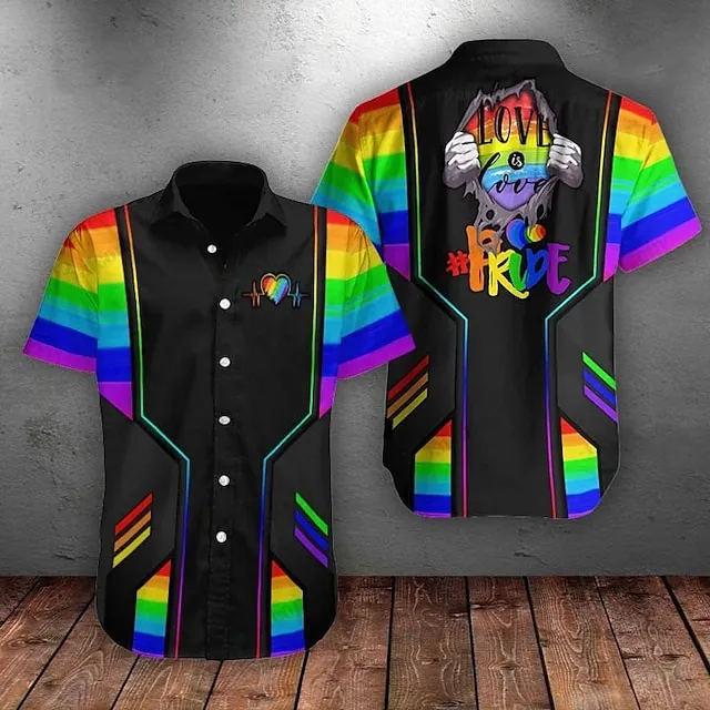 Men’s Shirt Summer Hawaiian Shirt Heart Rainbow Graphic Prints Pride Turndown Black Purple Rainbow Street Casual Short Sleeves Print Button-Down Clothing Apparel Tropical Fashion Hawaiian Designer b50800c57b05e0a6cbfef907a9155e33