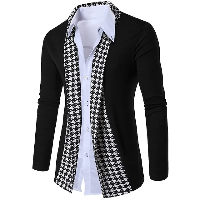 Men's Cardigan Sweater Ribbed Knit Cropped Knitted Check Standing Collar Warm Ups Modern Contemporary Daily Wear Going out Clothing Apparel Spring & Fall Black S M L