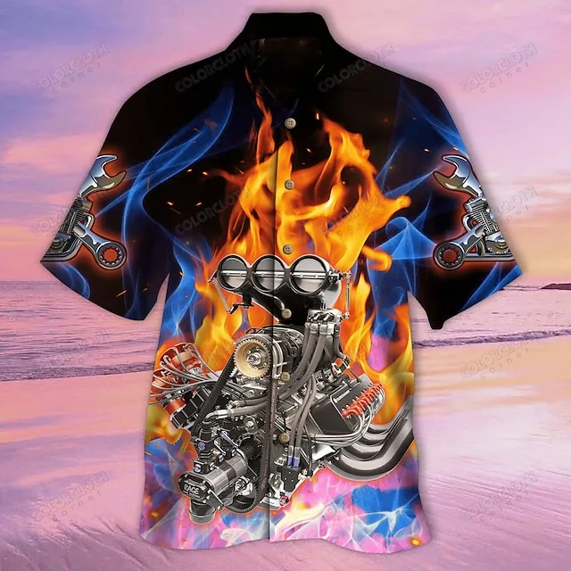 Men’s Shirt Summer Hawaiian Shirt Graphic Prints Flame Machine Turndown Black Yellow Blue Purple Casual Hawaiian Short Sleeve Print Button-Down Clothing Apparel Tropical Fashion Hawaiian Soft 0d42c49f8affe96d7a871b99dc136759