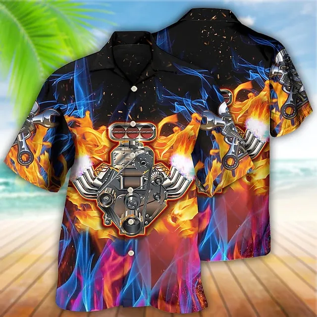 Men’s Shirt Summer Hawaiian Shirt Graphic Prints Flame Machine Turndown Black Yellow Blue Purple Casual Hawaiian Short Sleeve Print Button-Down Clothing Apparel Tropical Fashion Hawaiian Soft 85afc386434ccb71da4057fc1c48ee0d
