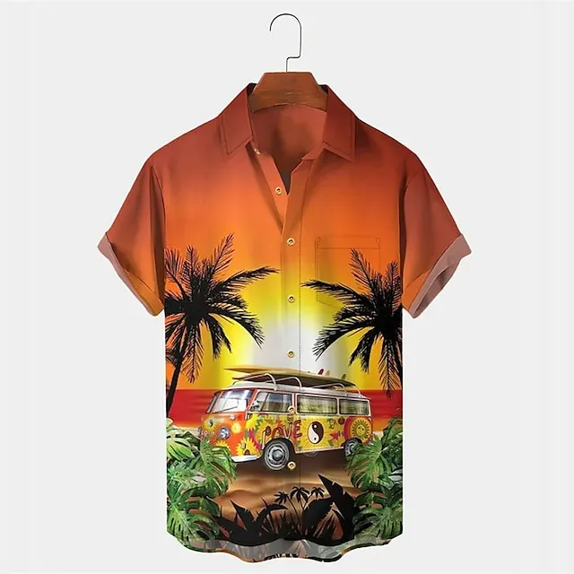 Men's Shirt Summer Hawaiian Shirt Car Coconut Tree Graphic Prints Turndown Black Yellow Blue Purple Orange Outdoor Street Short Sleeves Button-Down Print Clothing Apparel Tropical Fashion Hawaiian