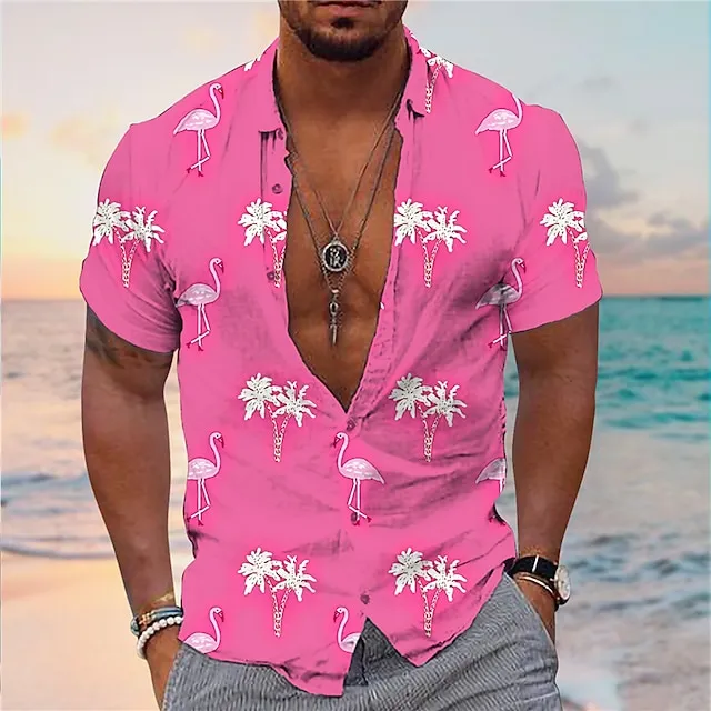Men's Shirt Summer Hawaiian Shirt Flamingo Coconut Tree Graphic Prints Turndown Yellow Pink Navy Blue Blue Green Daily Hawaiian Short Sleeves Print Button-Down Clothing Apparel Tropical Fashion