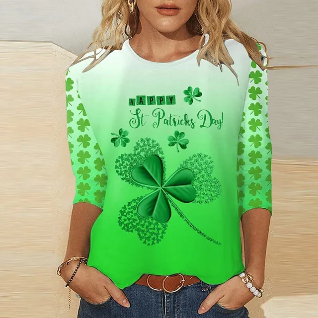 Women's T shirt Tee Grass Green Light Green Army Green Leaf Heart Print 3/4 Length Sleeve Holiday Weekend Basic Round Neck Regular Floral Painting S