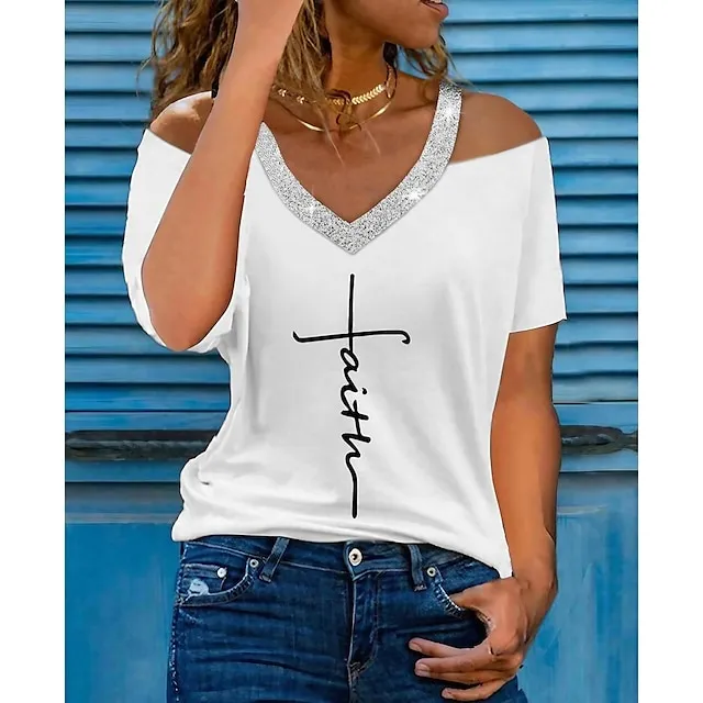 Women's T shirt Tee Text Daily Weekend Light Blue Black White Print Cut Out Cold Shoulder Short Sleeve Elegant Fashion Basic Off Shoulder V Neck Regular Fit