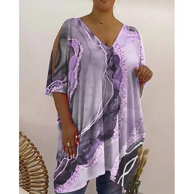 Women’s Plus Size T shirt Tee Graphic Abstract Daily Weekend Pink Blue Purple Print Cut Out Short Sleeve Basic V Neck Loose Fit 2667622467ce7c5214119fc7e33614b3