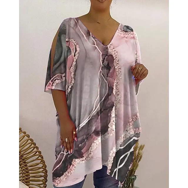 Women’s Plus Size T shirt Tee Graphic Abstract Daily Weekend Pink Blue Purple Print Cut Out Short Sleeve Basic V Neck Loose Fit a6dd93badcfa6772d155f54134de9271